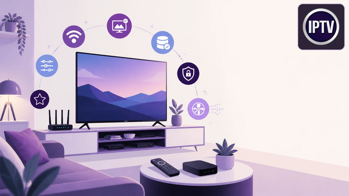 Astuces abonnement IPTV illustrées par un téléviseur, un routeur et des réglages optimisés
