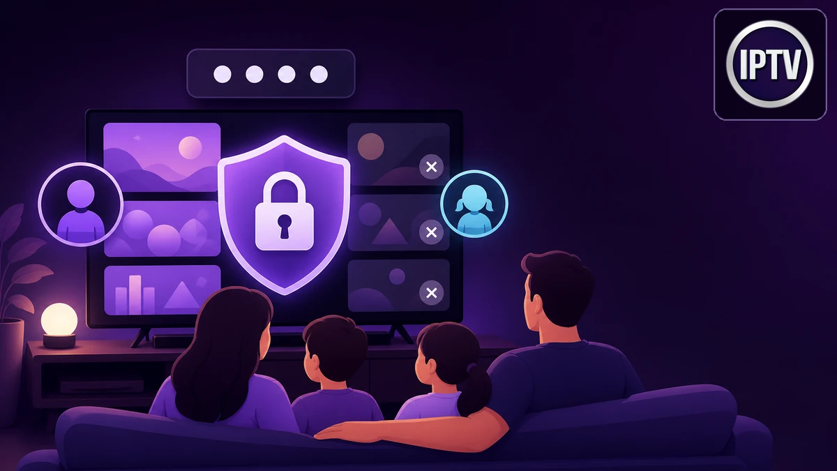 Contrôle parental IPTV illustré par un bouclier et un cadenas devant un écran familial