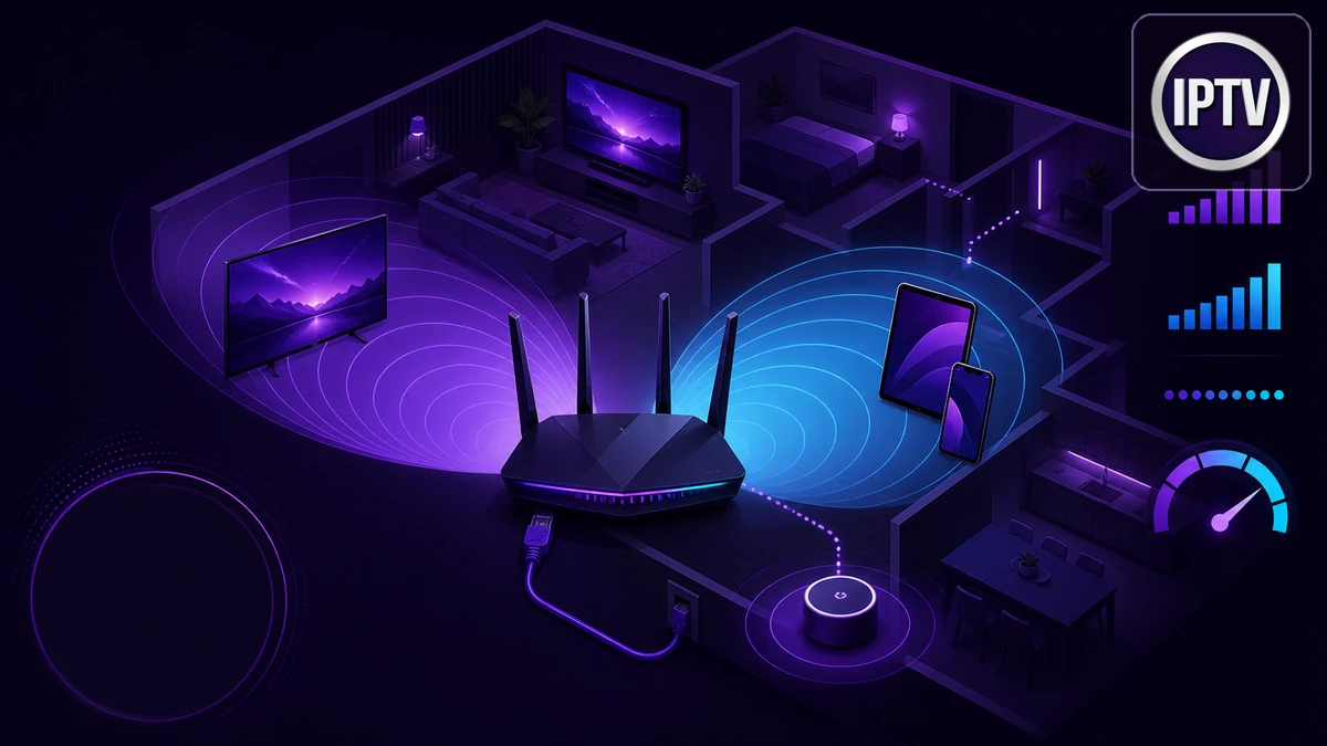 Routeur wifi abonnement IPTV diffusant vers un téléviseur avec bandes 2,4 et 5 GHz et jauge stable