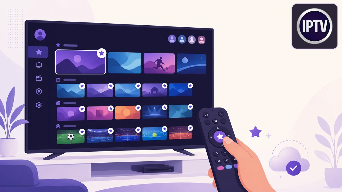 Favoris abonnement IPTV organisés en groupes avec étoiles sur une interface de télévision