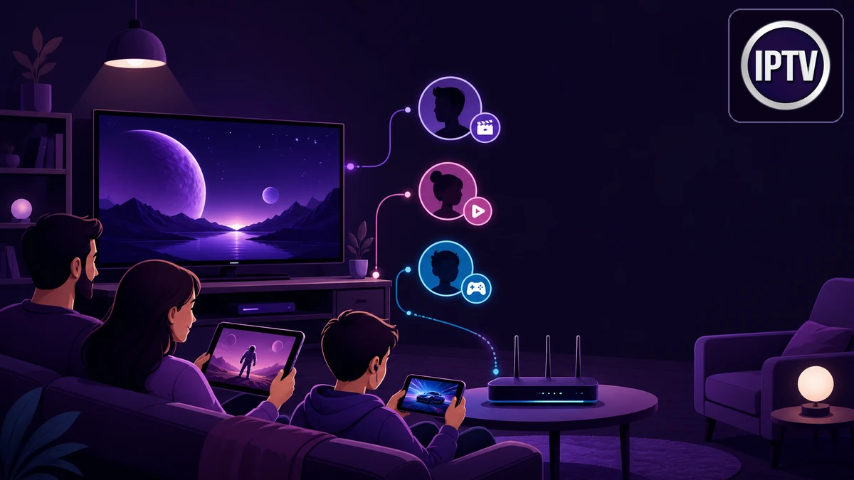 Famille utilisant téléviseur, tablette et téléphone pour un abonnement IPTV sur plusieurs écrans