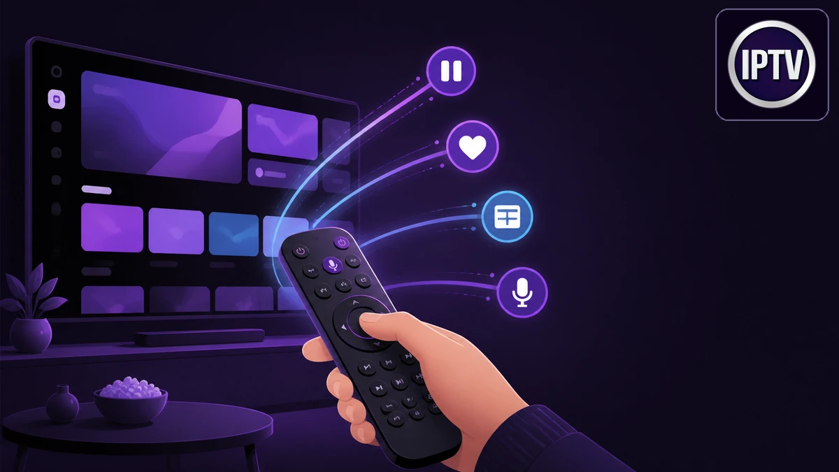 Main utilisant une télécommande IPTV face à un téléviseur avec gestes rapides et boutons clairs