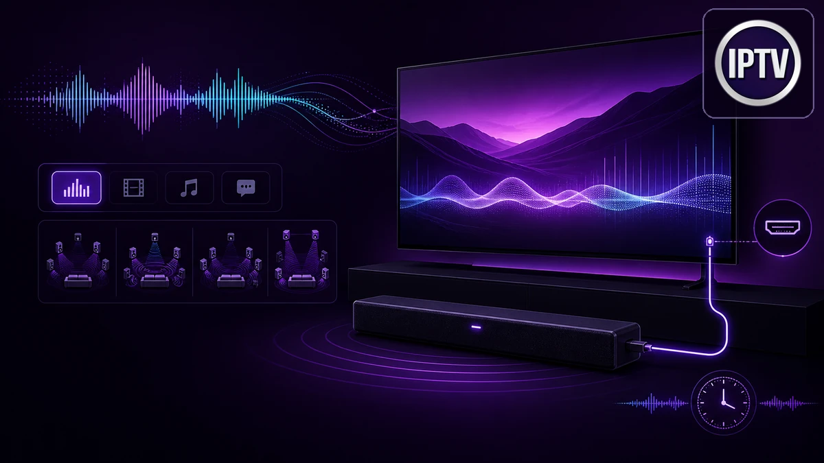Réglages audio abonnement IPTV avec téléviseur, barre de son, onde sonore et menu de pistes