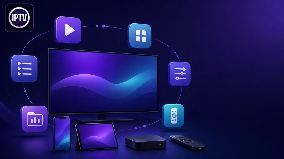 Alternative Smarters Pro comparant six applications IPTV sur téléviseur et appareils mobiles