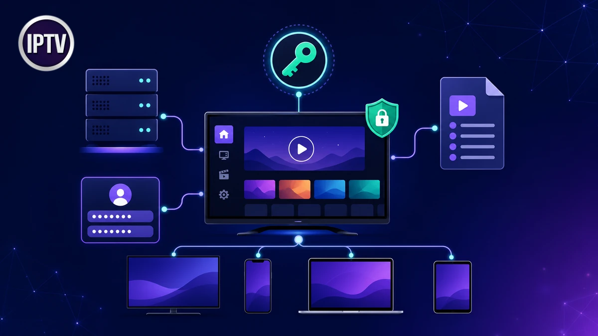 Code IPTV reliant identifiants sécurisés, serveur, playlist et appareils compatibles