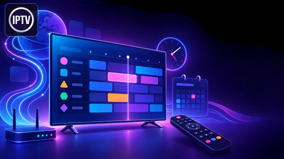 EPG IPTV affiché sur téléviseur avec grille des programmes et télécommande