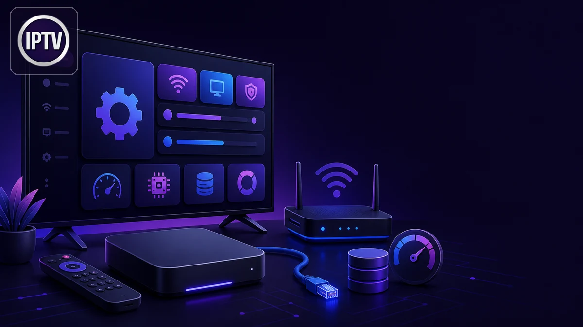 IPTV box Android avec réglages, routeur et connexion Ethernet