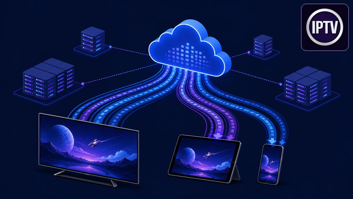 IPTV Premium cloud adaptatif avec nuage, serveurs, téléviseurs et plusieurs flux vidéo de qualité variable