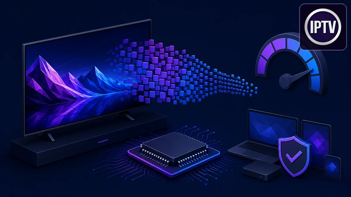 Codec AV1 IPTV Premium avec téléviseur, puce de décodage, blocs vidéo compressés et jauge de débit