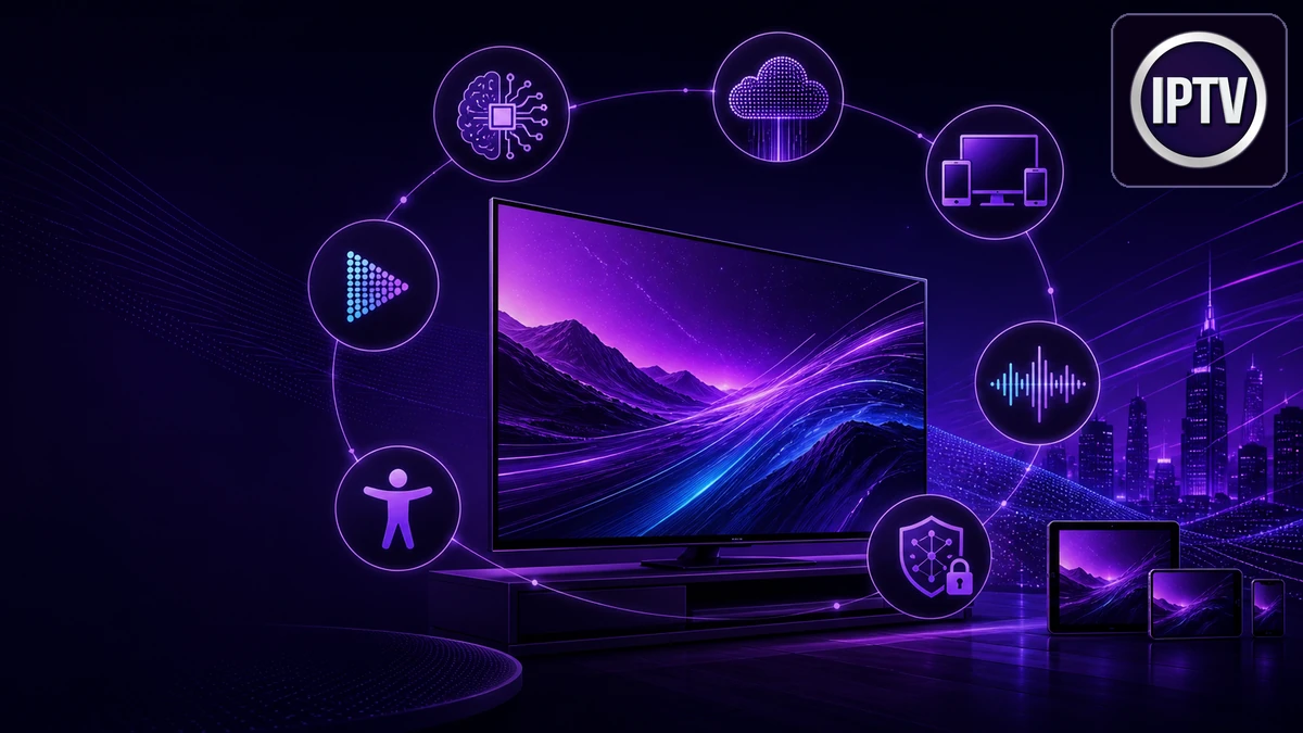 Tendances IPTV Premium 2026 avec téléviseur connecté, codec, intelligence artificielle, nuage et réseau