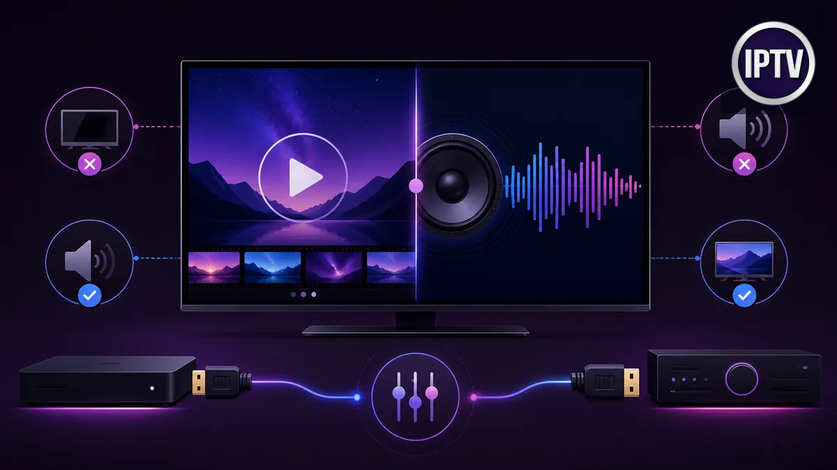 Problème son IPTV illustré par une image vidéo, un haut-parleur, une onde audio et des connexions HDMI