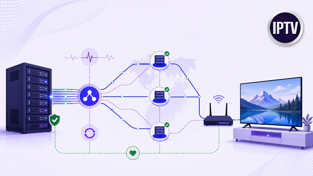 Serveur IPTV distribuant un flux stable vers plusieurs nœuds et un téléviseur