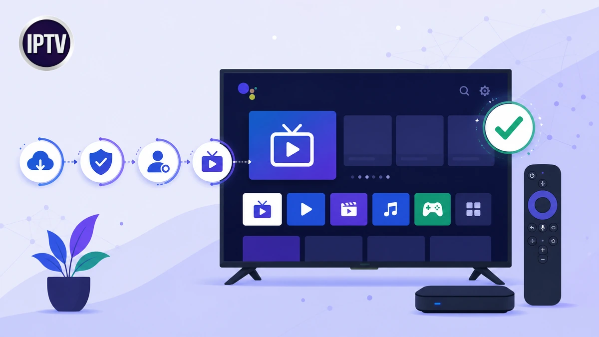 Smarters Pro Android TV avec télévision, télécommande et étapes d’installation sécurisées
