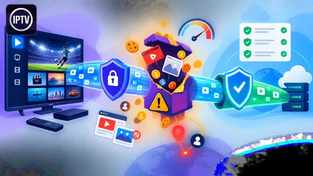 VPN gratuit IPTV illustrant risques de données, publicité et fuite autour d’un téléviseur