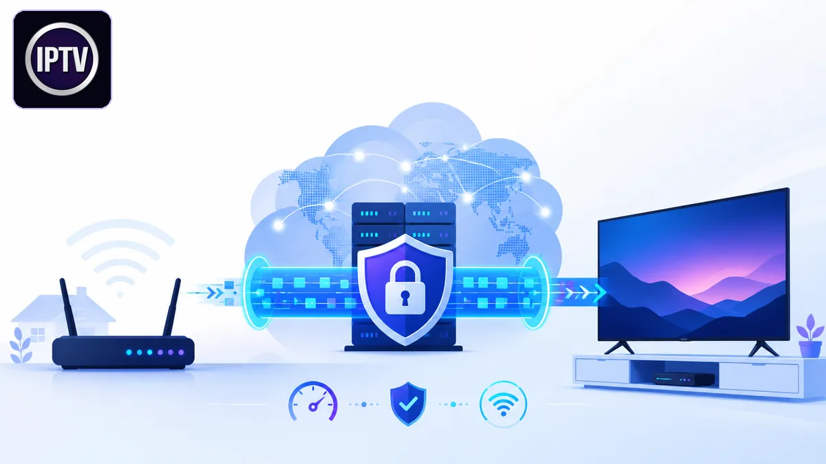 Téléviseur et routeur reliés par un tunnel VPN chiffré avec serveur et bouclier