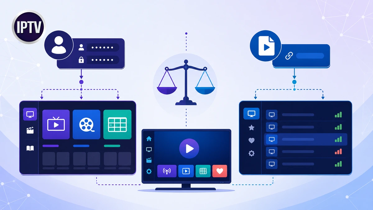 Xtream ou M3U comparés dans Smarters Pro avec compte, playlist, EPG et télévision