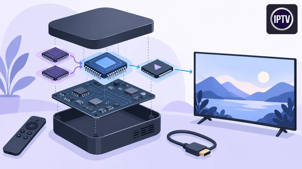 Processeur boitier IPTV : mémoire vive et circuit de décodage reliés au téléviseur
