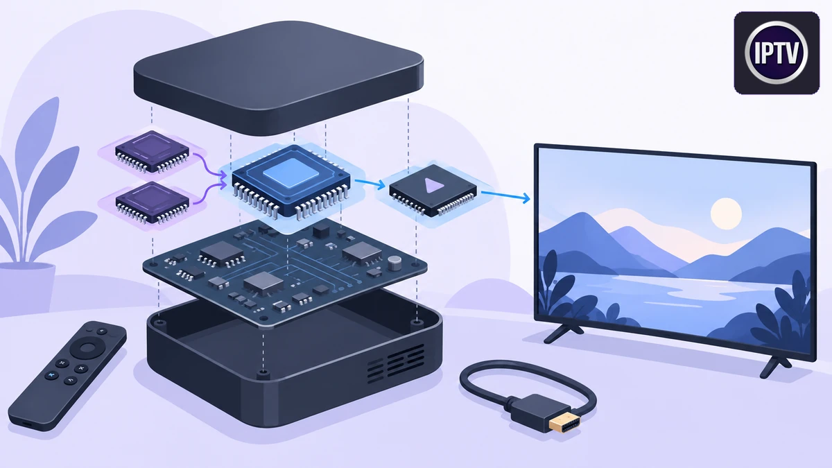 Processeur boitier IPTV : mémoire vive et circuit de décodage reliés au téléviseur